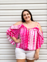 Load image into Gallery viewer, Hibiscus Cold Shoulder Tie Dye Top With Tie Details
