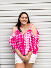 Load image into Gallery viewer, Hibiscus Cold Shoulder Tie Dye Top With Tie Details
