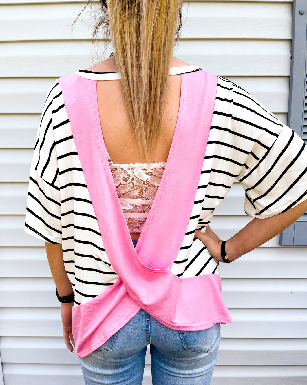 Pop Of Pink Striped Flutter Sleeve  Open-Back Top