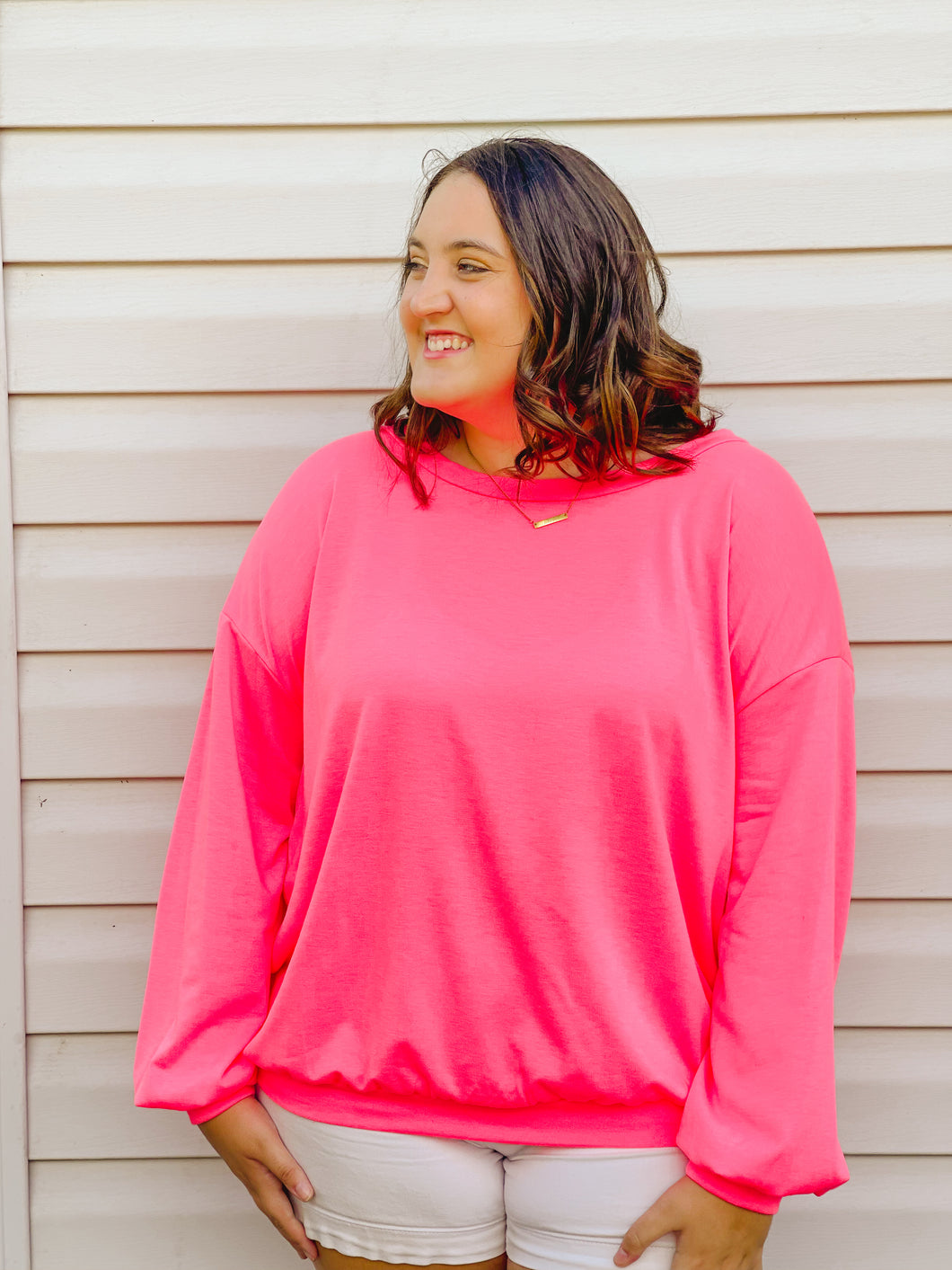 Blush-Worthy Neon Pink Drop-Shoulder Pullover