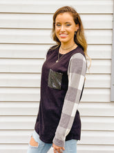 Load image into Gallery viewer, Snow Day Buffalo Plaid Knit Top With Glitter Accent
